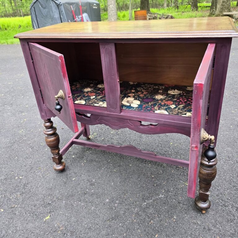 Antique Cupboard Gone Wild! Beautiful history in the wood with magical upcycling. $550. VOC-free paints and quality Spoonflower wallpaper.