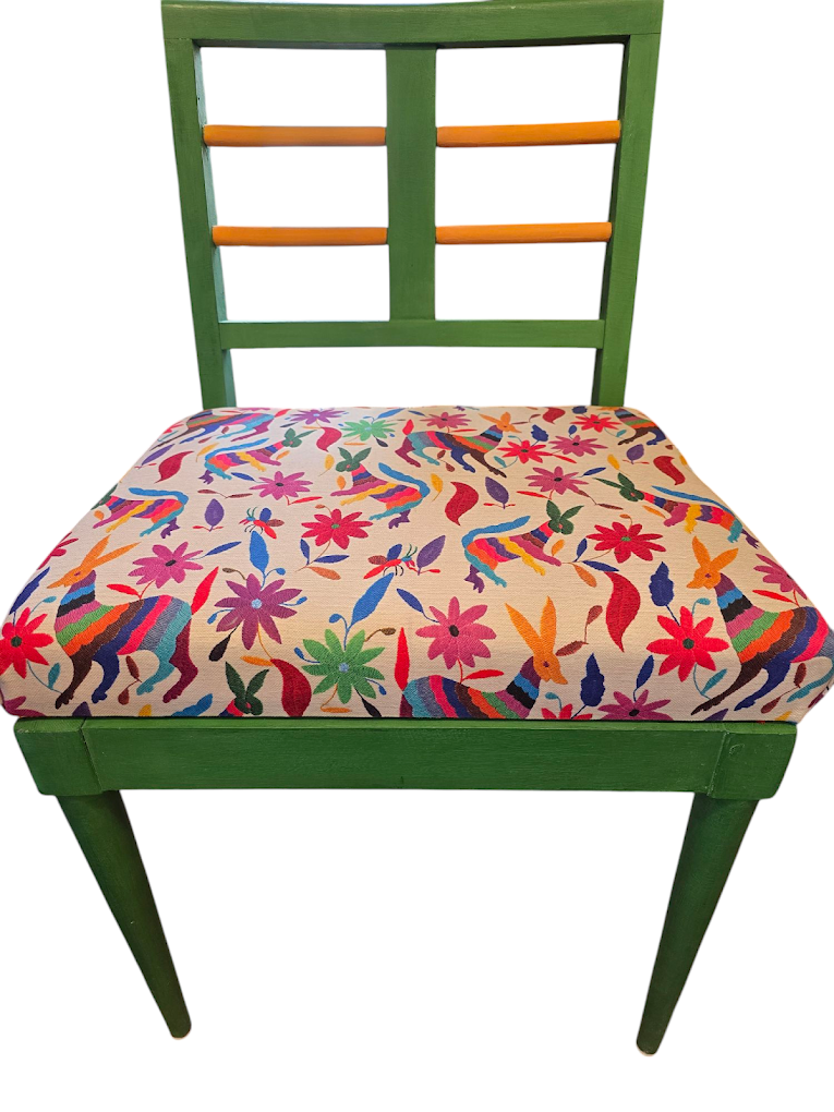 Vintage Midcentury Modern Dining Chair gets a colorful, cultural makeover!  One-hundred percent organic cotton Mexican Otomi fabric! $165.