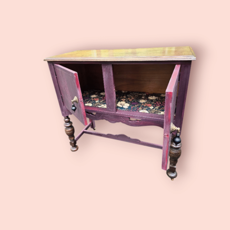 Antique Cupboard Gone Wild! Beautiful history in the wood with magical upcycling. $675. VOC-free paints and quality Spoonflower wallpaper.