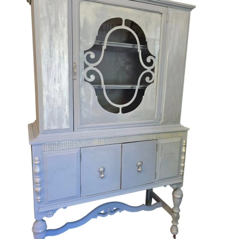 Antique French Blue China Cabinet kissed with silver gilding wax. $525. New glass and in great condition.