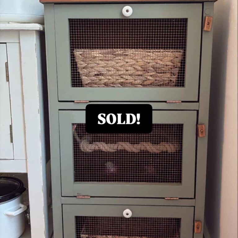 Onion and Potato Porch Cupboard in Soft Sage with Copper Accents.  Exposed Pine top. $110