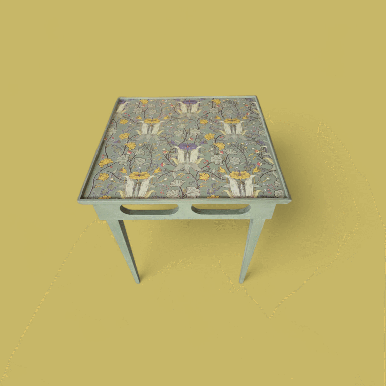 Sweet 70’s Table Meets Art Nouveau Transfer in Olive. $185.